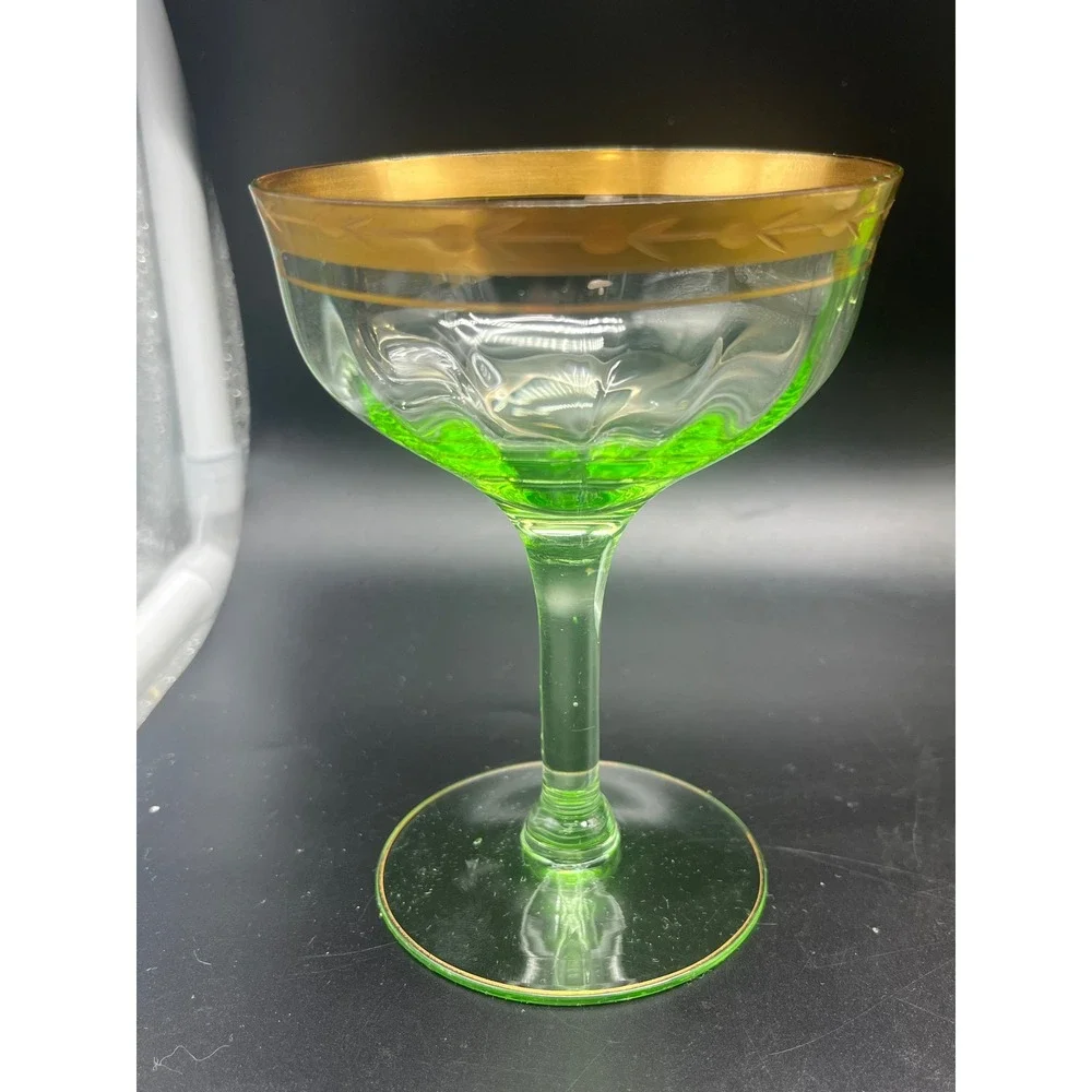 Vtg‎ Gold Rimmed Green Cocktail sherbet Glasses Vaseline Uranium 30's set 5 READ